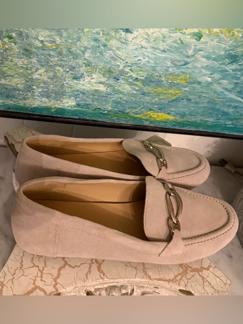 Calvin Klein Lenika Loafers in Light Beige Suede with Chain Accent - Picture 3 of 7